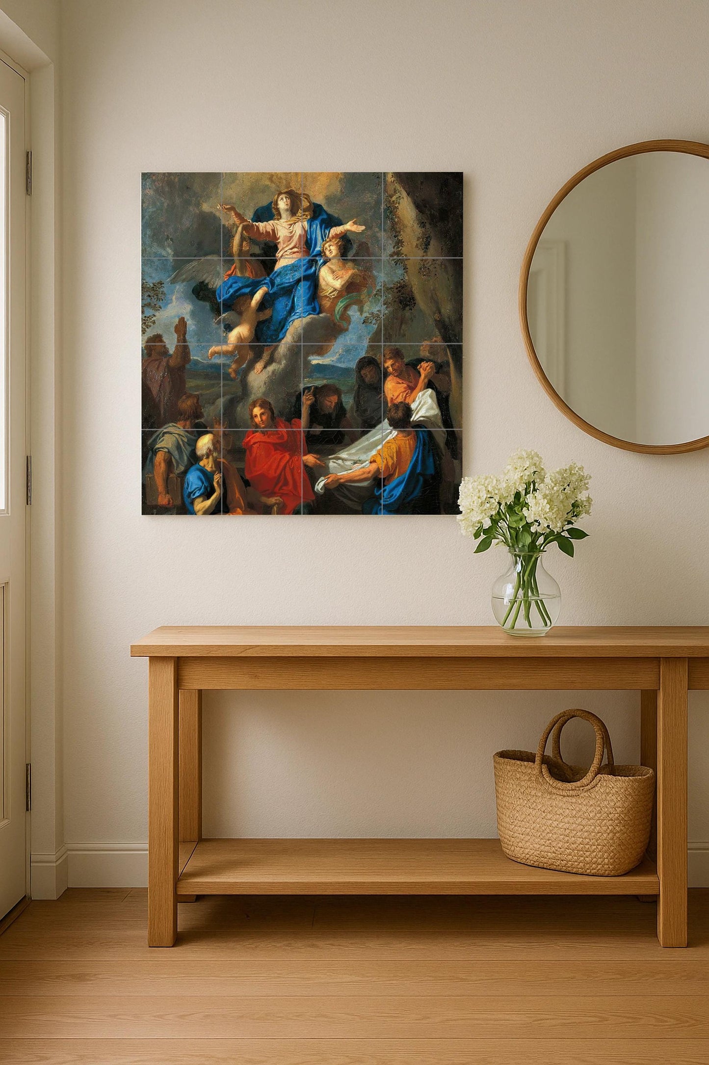 Tile mural of the Assumption of Mary – Baroque Marian ceramic panel – Sacred wall art for chapel or home – Catholic devotional gift piece