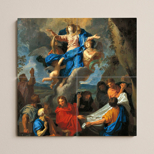 Tile mural of the Assumption of Mary – Baroque Marian ceramic panel – Sacred wall art for chapel or home – Catholic devotional gift piece