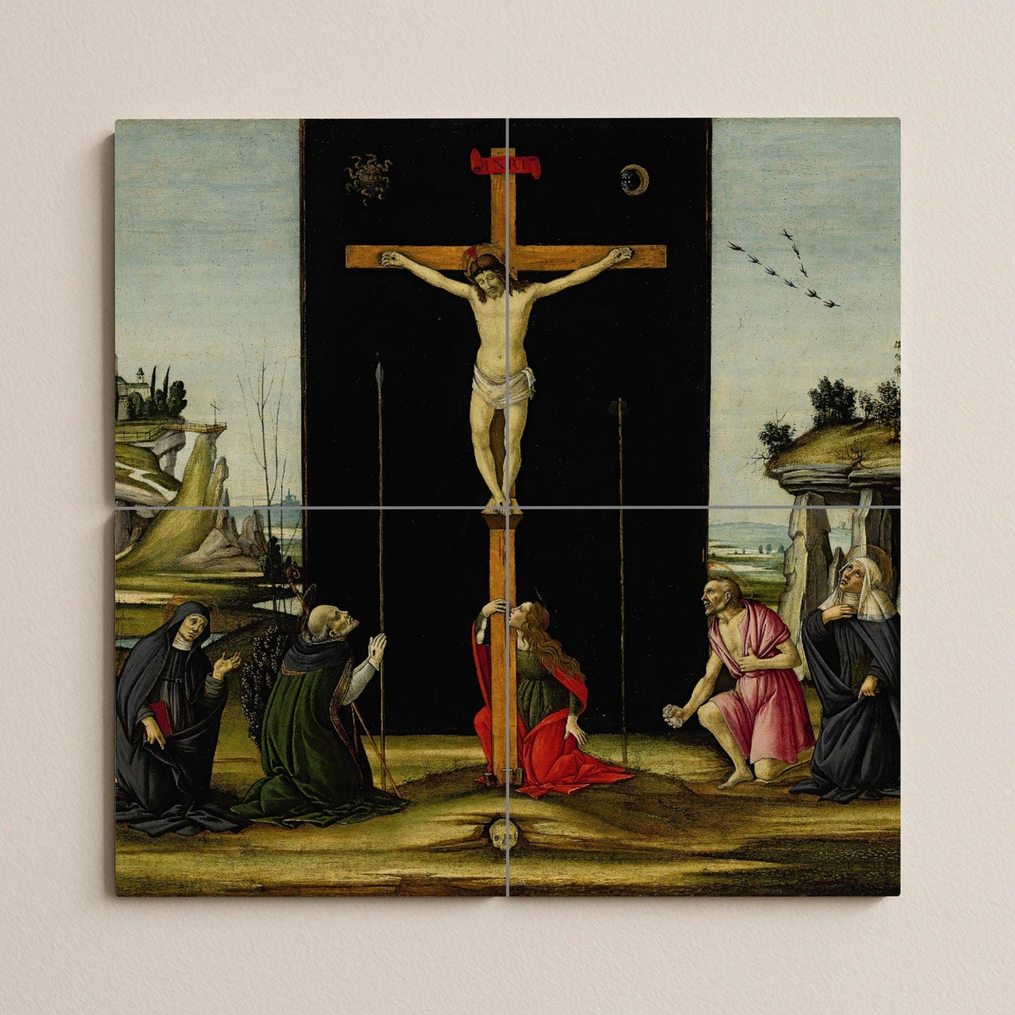 Tile mural of the Crucifixion of Christ – Christian sacred ceramic panel – Renaissance Passion scene – Devotional wall art for prayer spaces