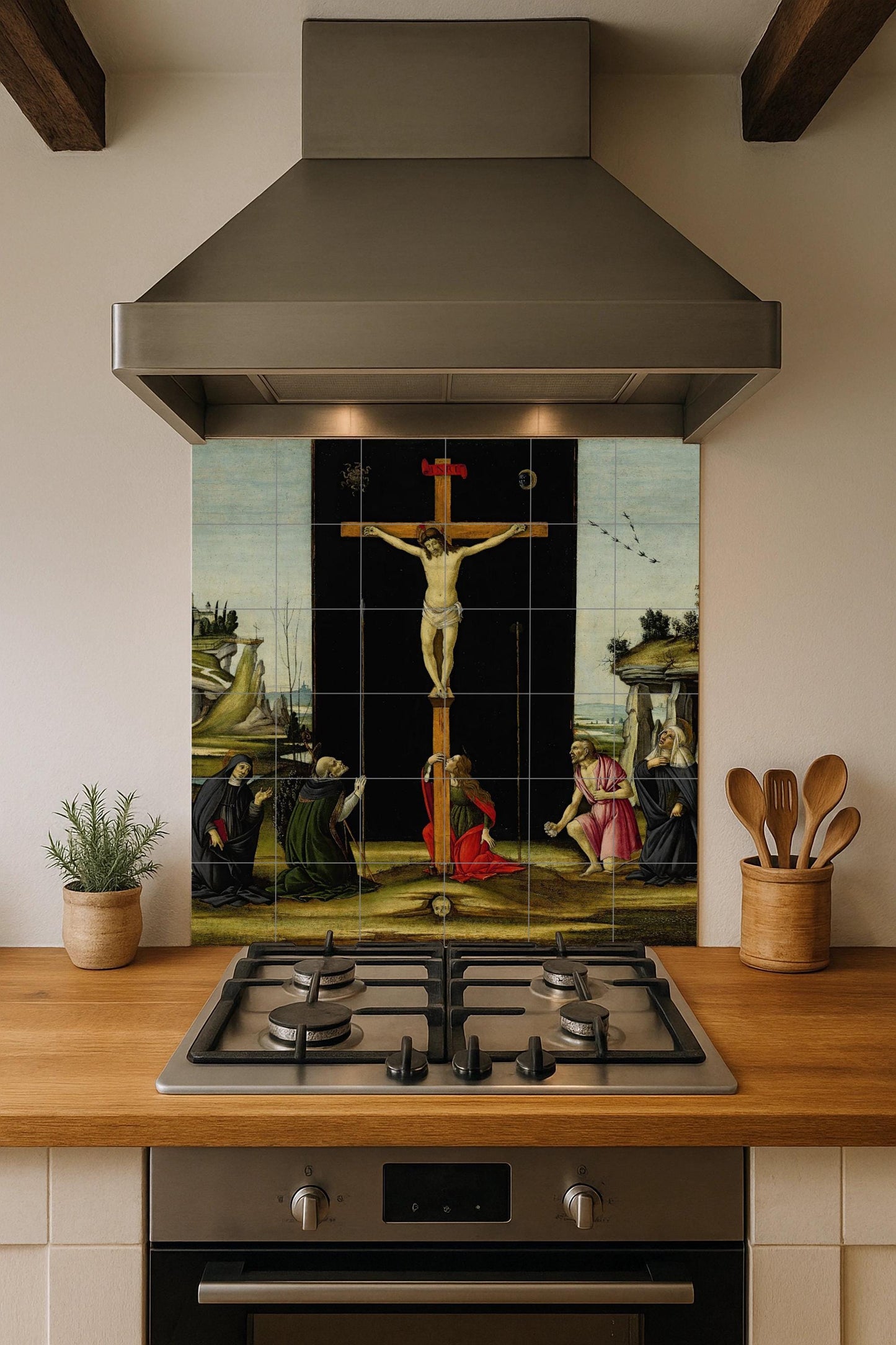 Tile mural of the Crucifixion of Christ – Christian sacred ceramic panel – Renaissance Passion scene – Devotional wall art for prayer spaces