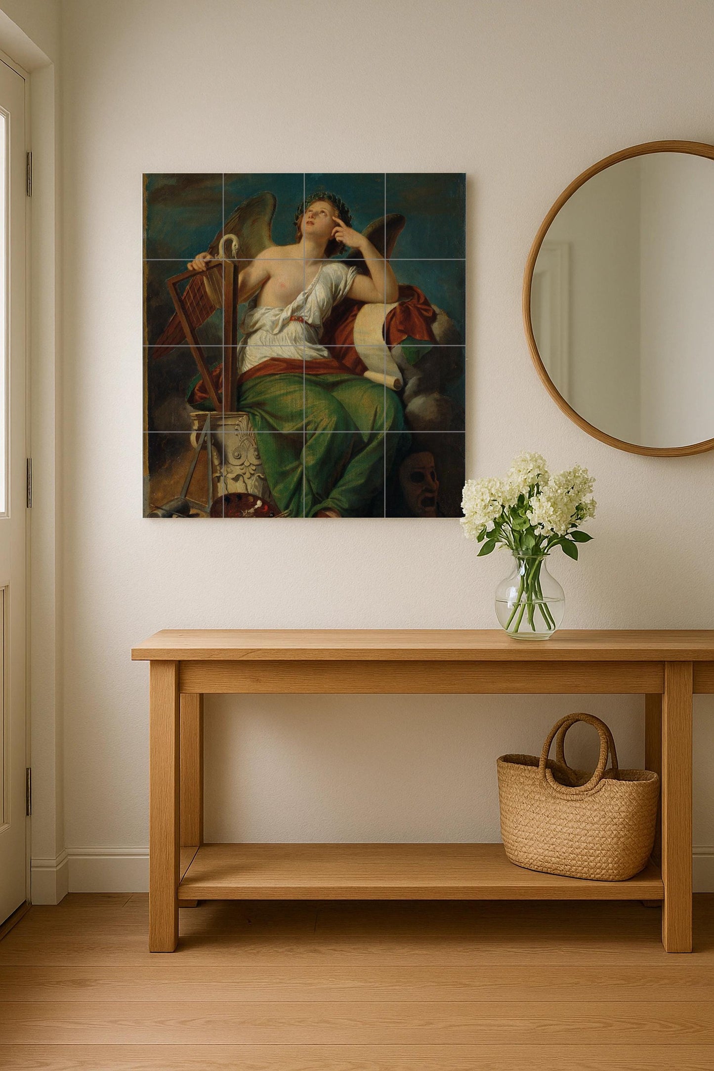 Tile mural of the Muse of History – Classical Greek art ceramic panel – Neoclassical goddess with scroll, lyre and mask – Mythological wall decoration