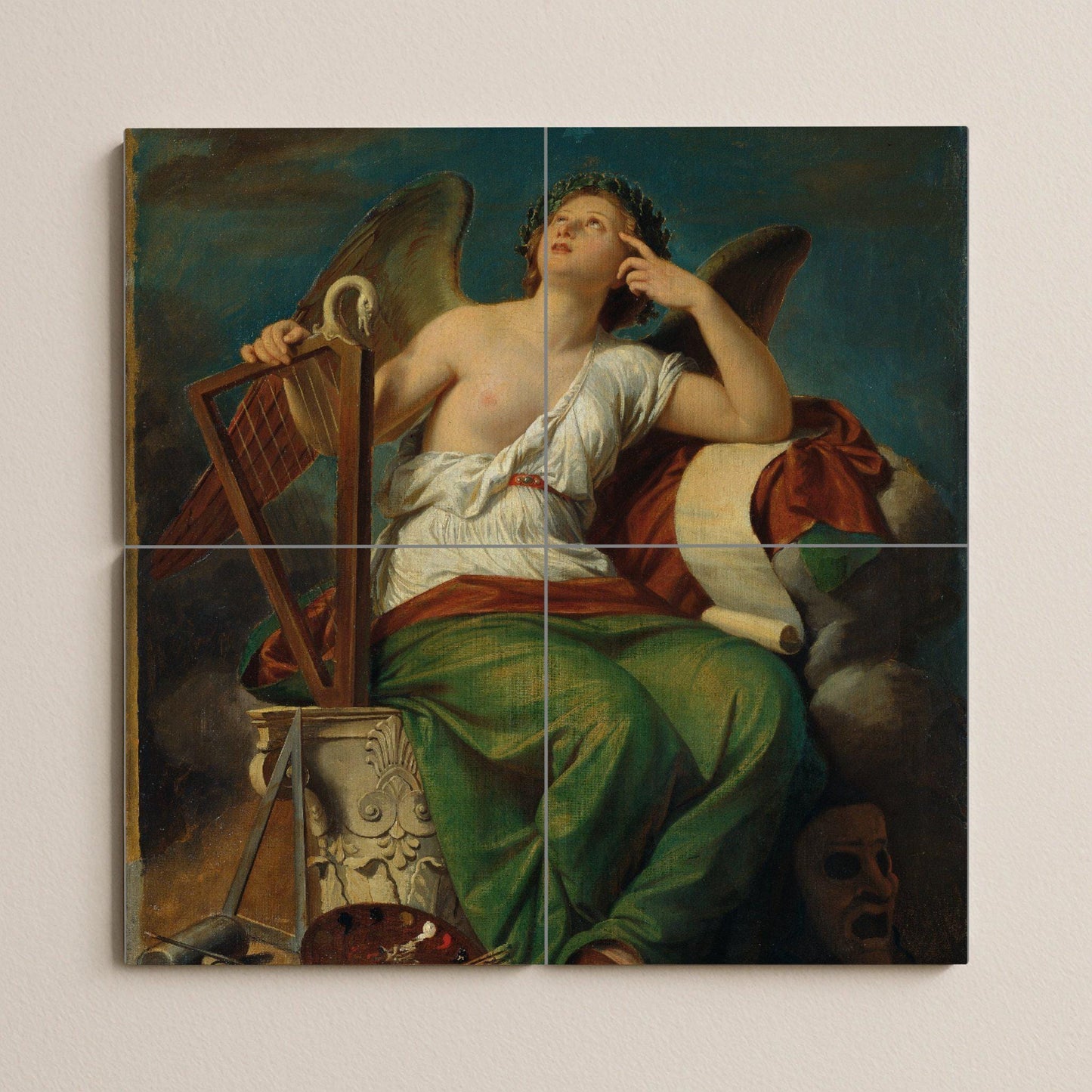 Tile mural of the Muse of History – Classical Greek art ceramic panel – Neoclassical goddess with scroll, lyre and mask – Mythological wall decoration