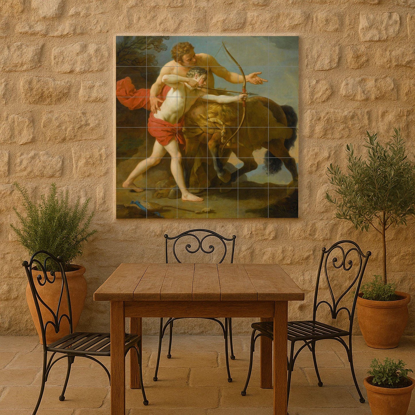 Achilles and Chiron Tile Mural – Greek Mythology Ceramic Panel – Classical Hero Training Wall Art – Noble Legend Home Decor