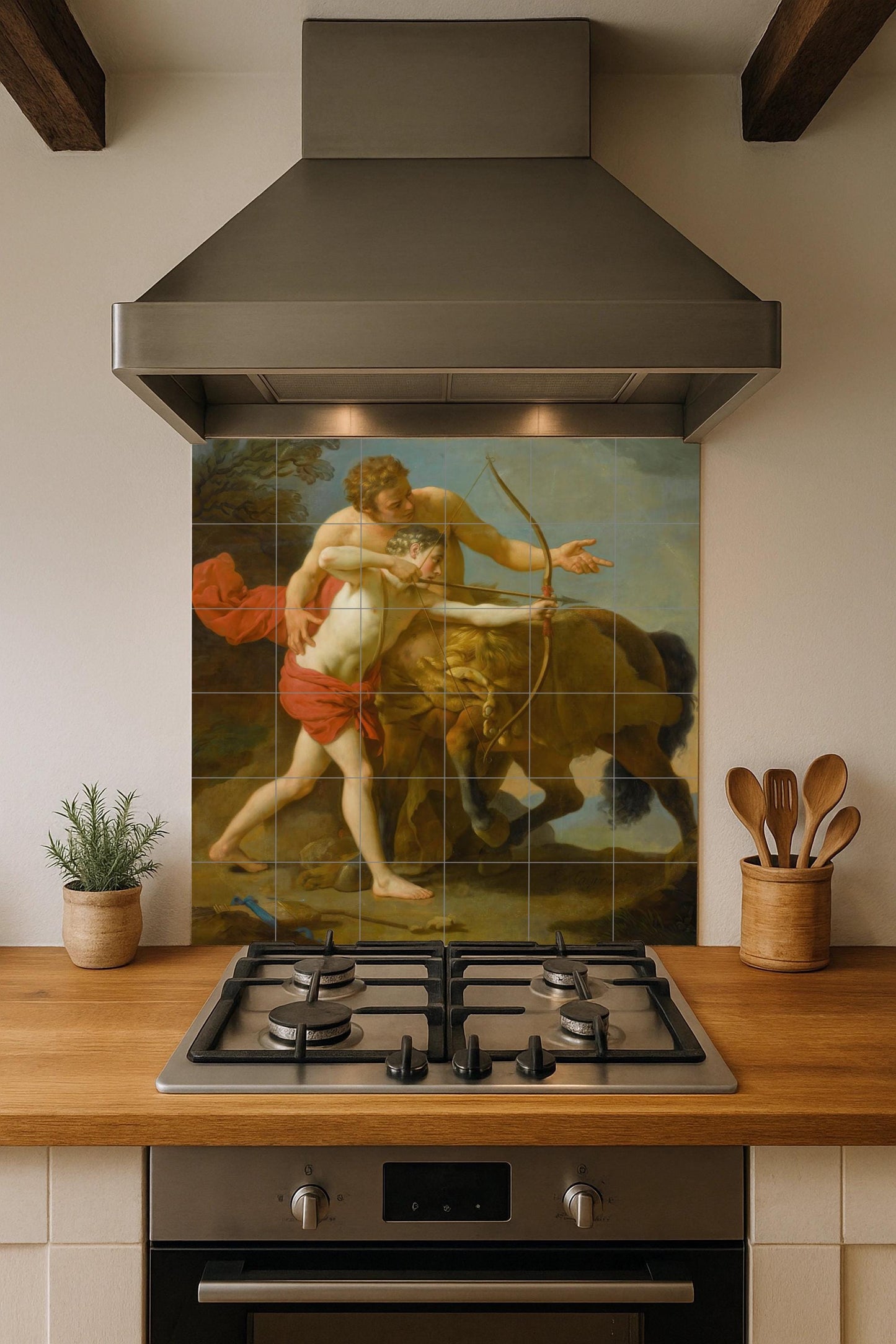 Achilles and Chiron Tile Mural – Greek Mythology Ceramic Panel – Classical Hero Training Wall Art – Noble Legend Home Decor