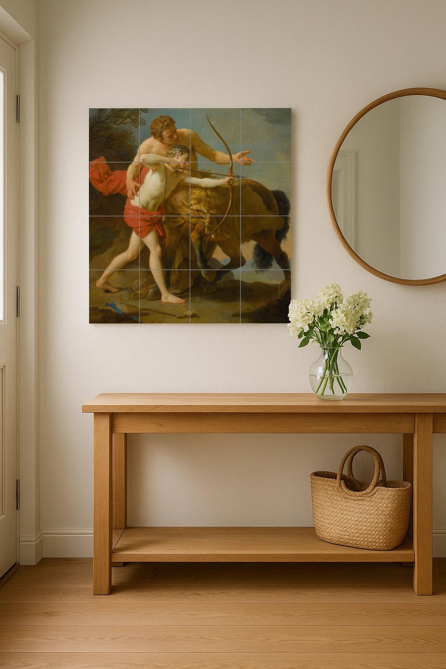 Achilles and Chiron Tile Mural – Greek Mythology Ceramic Panel – Classical Hero Training Wall Art – Noble Legend Home Decor