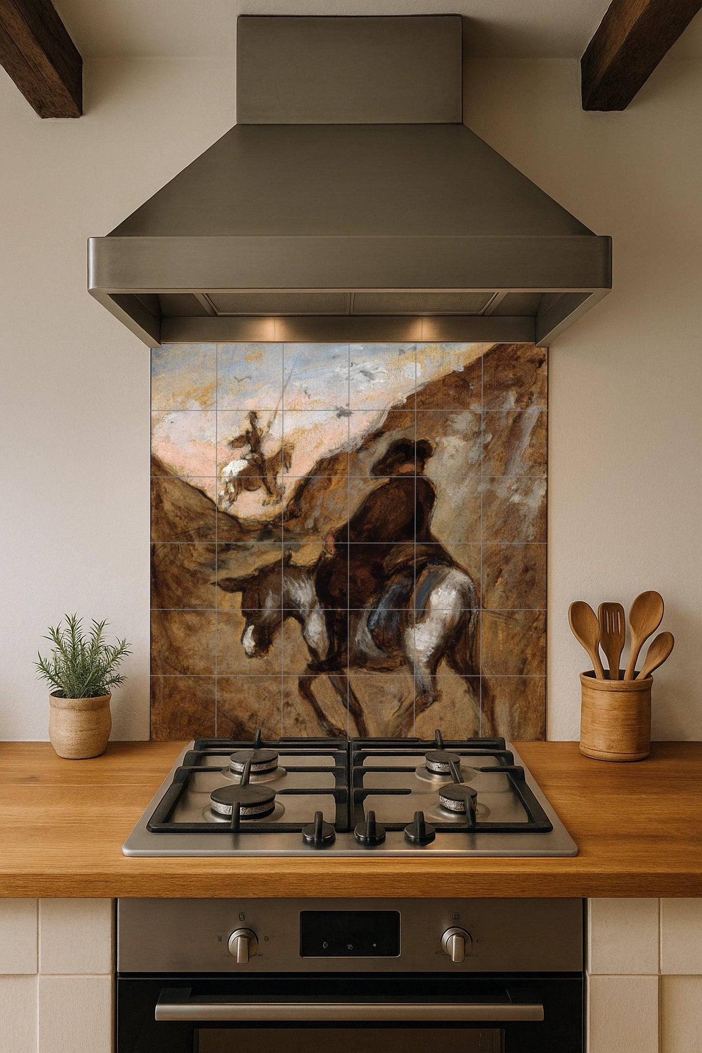 Don Quixote Tile Mural – Ceramic Literary Art Panel – Rustic Spanish Scene with Horse and Donkey – Classic Adventure Wall Decor