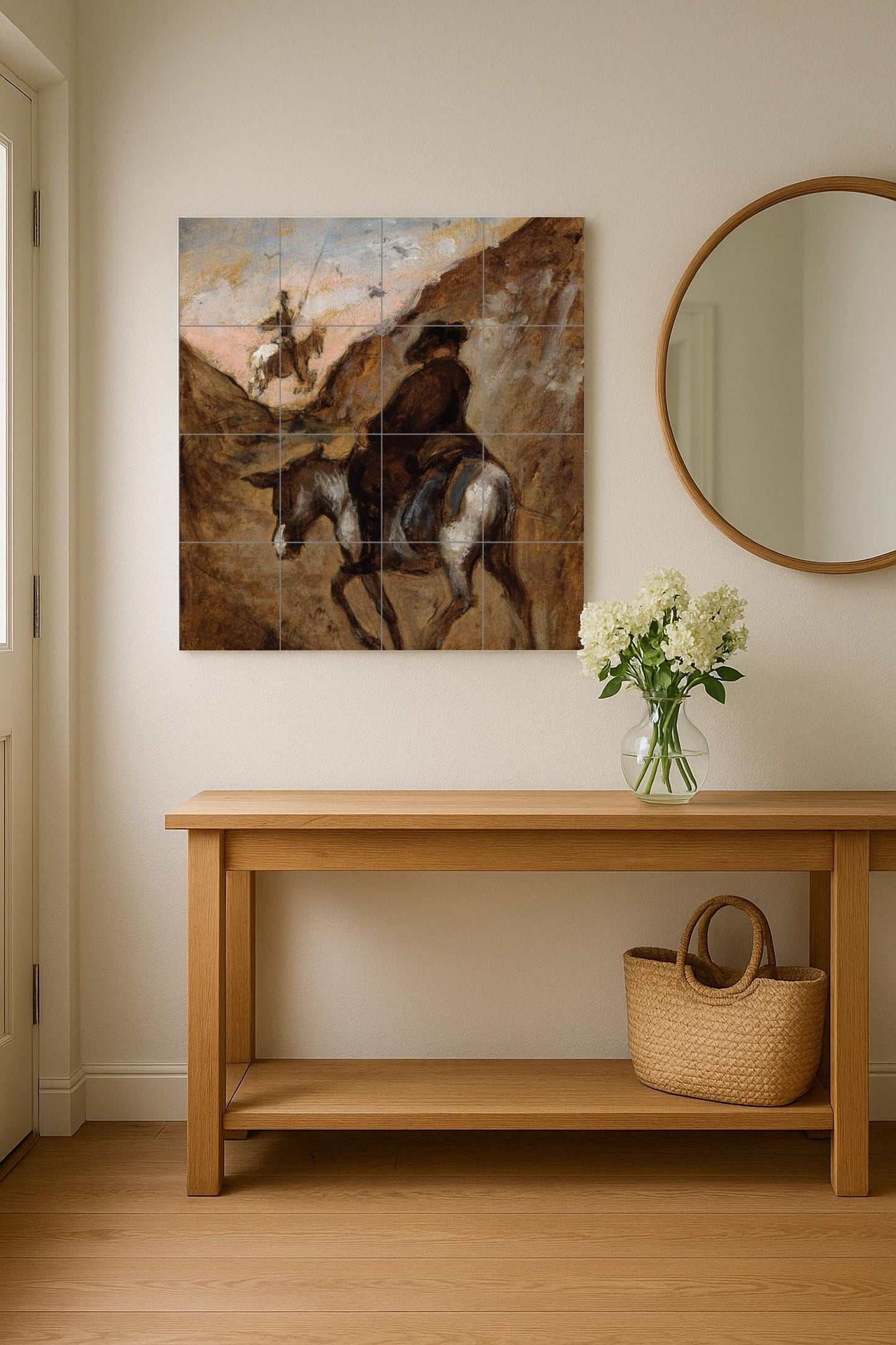 Don Quixote Tile Mural – Ceramic Literary Art Panel – Rustic Spanish Scene with Horse and Donkey – Classic Adventure Wall Decor