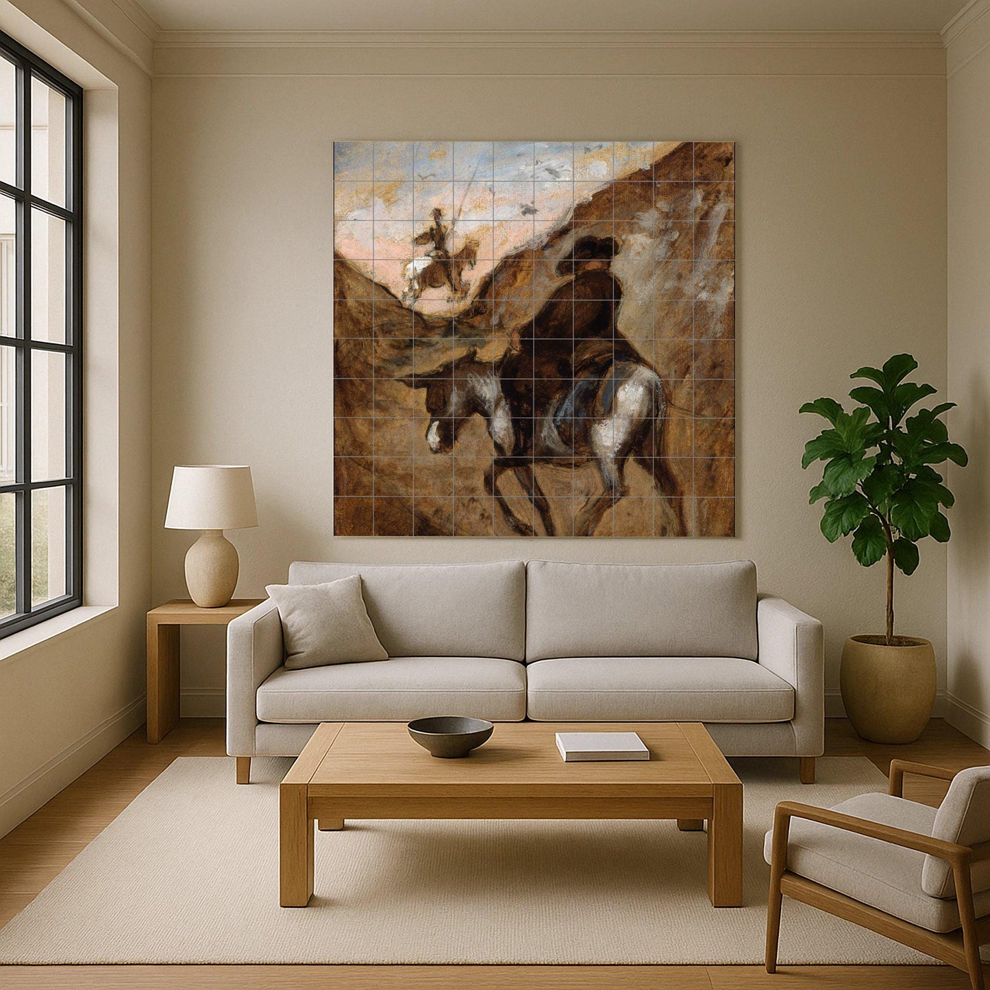 Don Quixote Tile Mural – Ceramic Literary Art Panel – Rustic Spanish Scene with Horse and Donkey – Classic Adventure Wall Decor