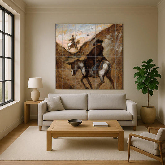 Don Quixote Tile Mural – Ceramic Literary Art Panel – Rustic Spanish Scene with Horse and Donkey – Classic Adventure Wall Decor