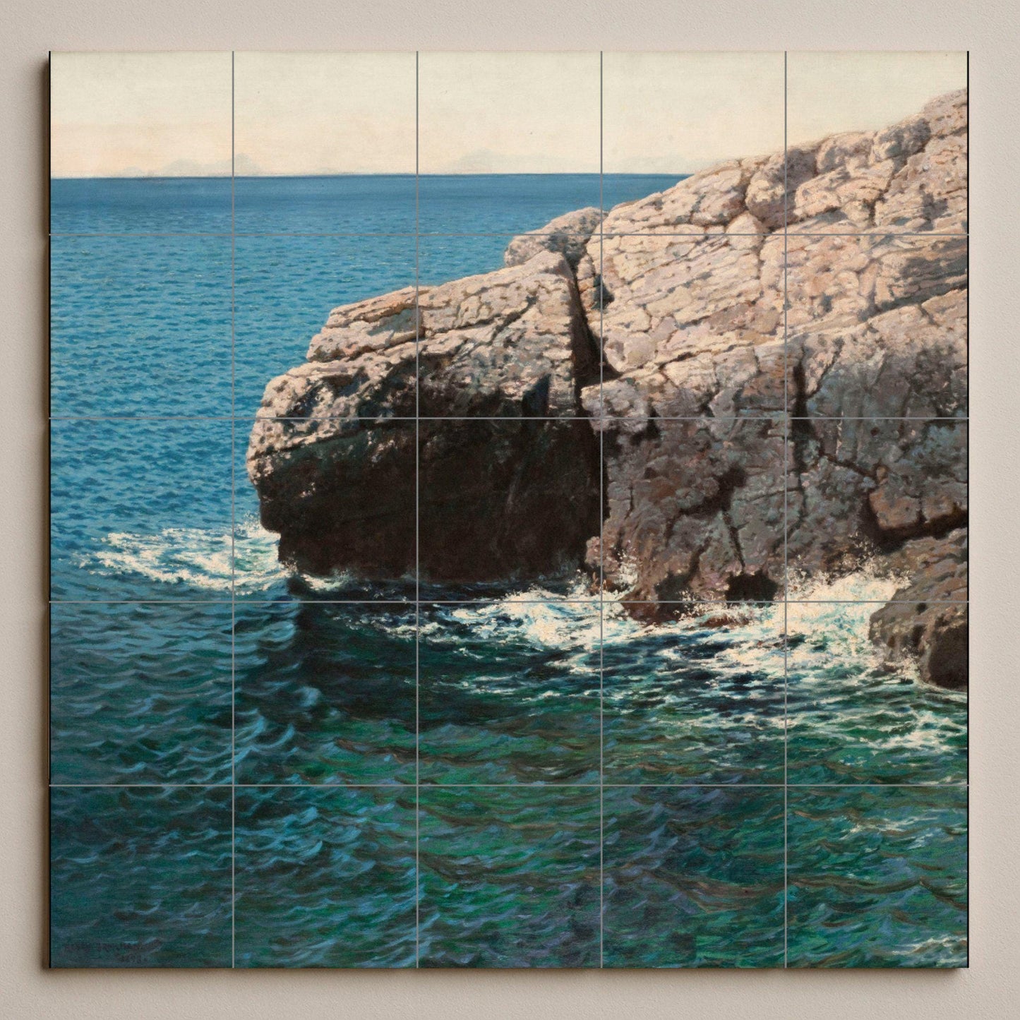 Coastal Cliff Tile Mural – Ceramic Panel with Ocean Scene – Mediterranean Sea Wall Art – Naturalistic Marine Decor for Serene Coastal Homes
