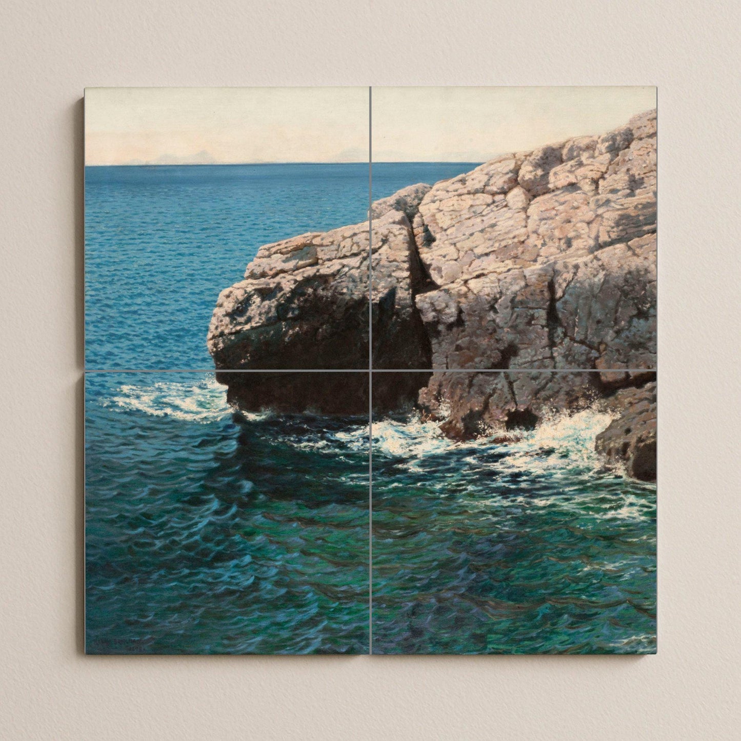 Coastal Cliff Tile Mural – Ceramic Panel with Ocean Scene – Mediterranean Sea Wall Art – Naturalistic Marine Decor for Serene Coastal Homes