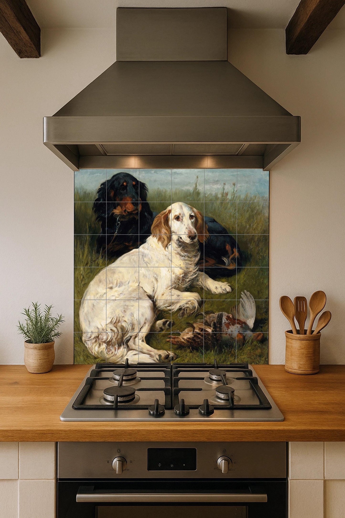 Hunting Dog Tile Mural – Ceramic Panel with Trapped Animals and Birds – Rustic Wall Art with Countryside Scene – Traditional Decor for Dog Lovers