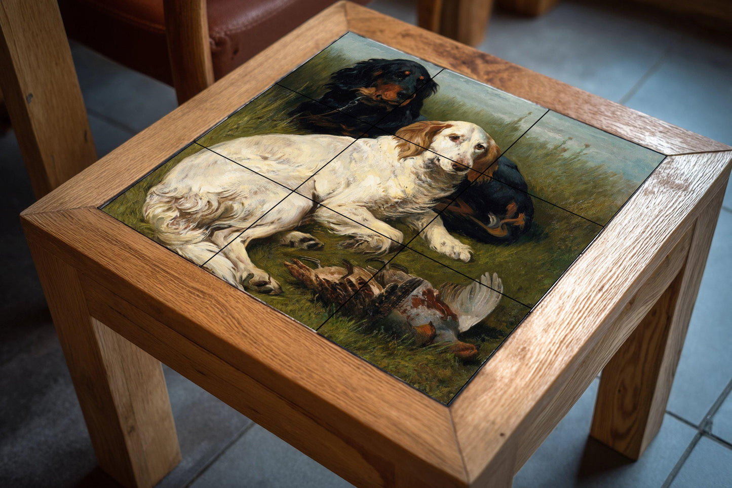 Hunting Dog Tile Mural – Ceramic Panel with Trapped Animals and Birds – Rustic Wall Art with Countryside Scene – Traditional Decor for Dog Lovers
