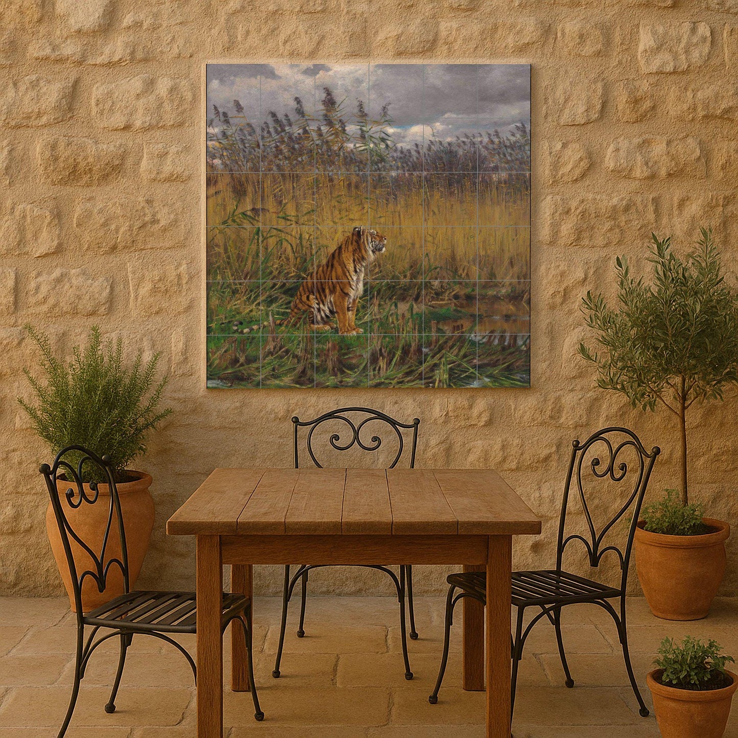 "Tiger Among the Reeds" Tile Mural – Ceramic Wildlife Panel with Swamp Scene – Atmospheric Animal Art – Jungle Wall Decor for Nature Lovers