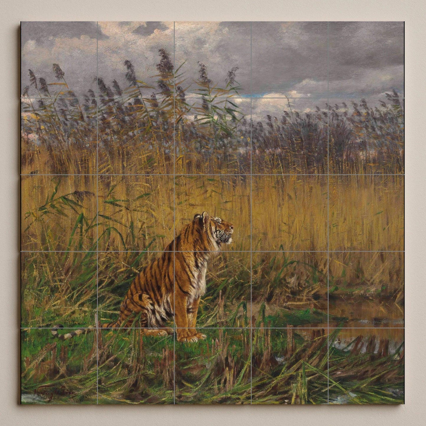 "Tiger Among the Reeds" Tile Mural – Ceramic Wildlife Panel with Swamp Scene – Atmospheric Animal Art – Jungle Wall Decor for Nature Lovers