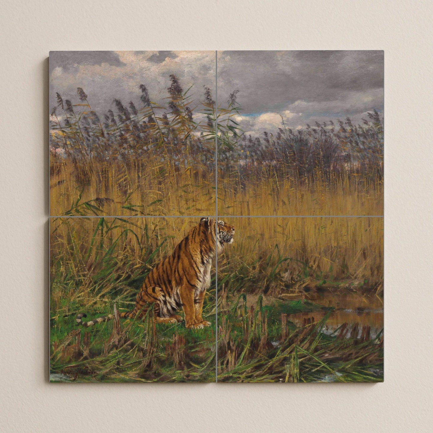 "Tiger Among the Reeds" Tile Mural – Ceramic Wildlife Panel with Swamp Scene – Atmospheric Animal Art – Jungle Wall Decor for Nature Lovers
