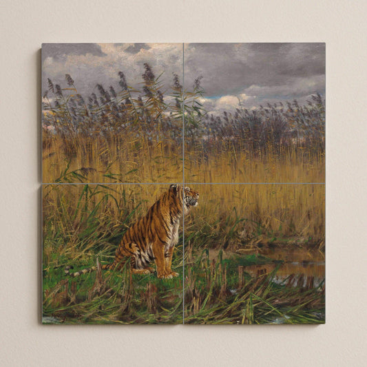 "Tiger Among the Reeds" Tile Mural – Ceramic Wildlife Panel with Swamp Scene – Atmospheric Animal Art – Jungle Wall Decor for Nature Lovers
