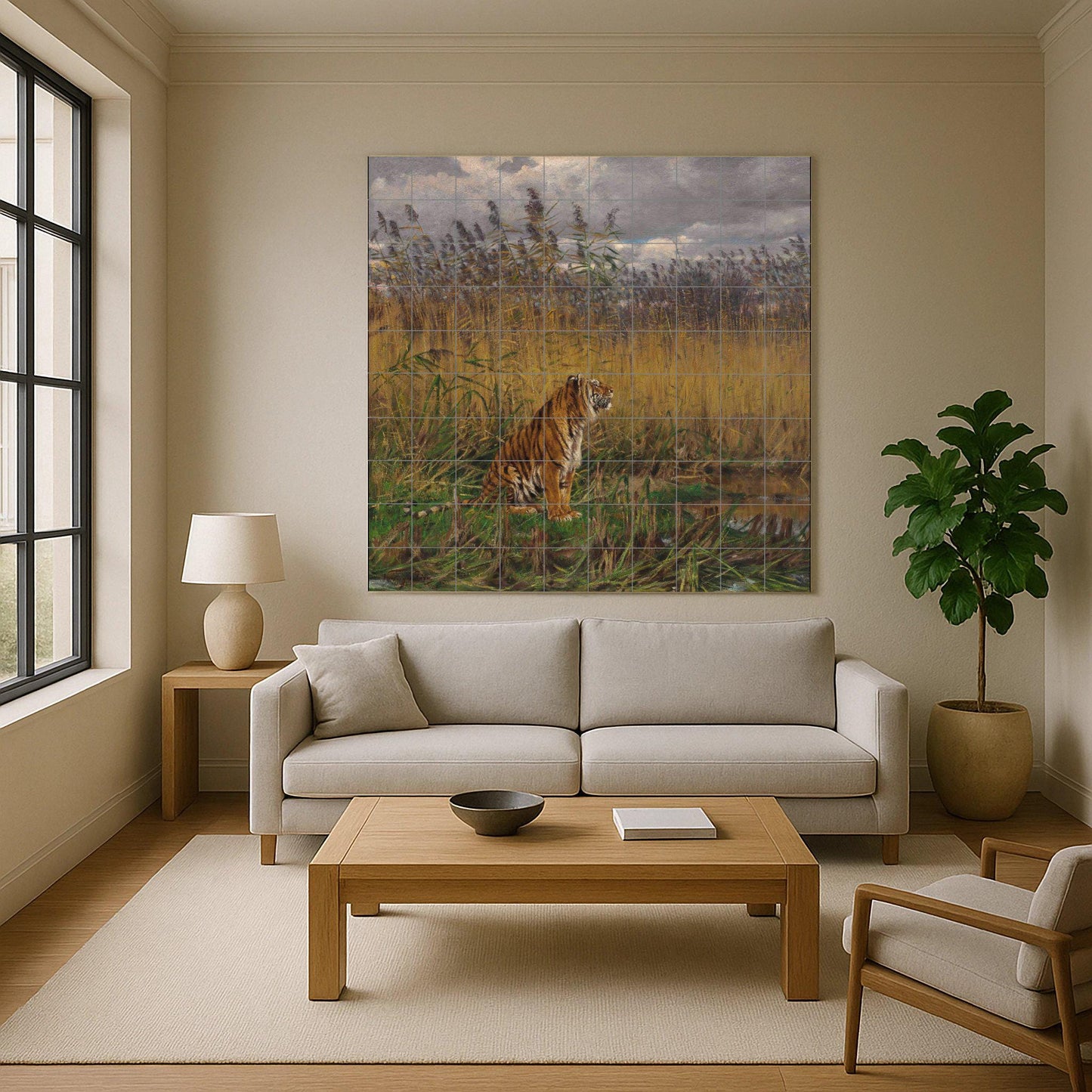 "Tiger Among the Reeds" Tile Mural – Ceramic Wildlife Panel with Swamp Scene – Atmospheric Animal Art – Jungle Wall Decor for Nature Lovers