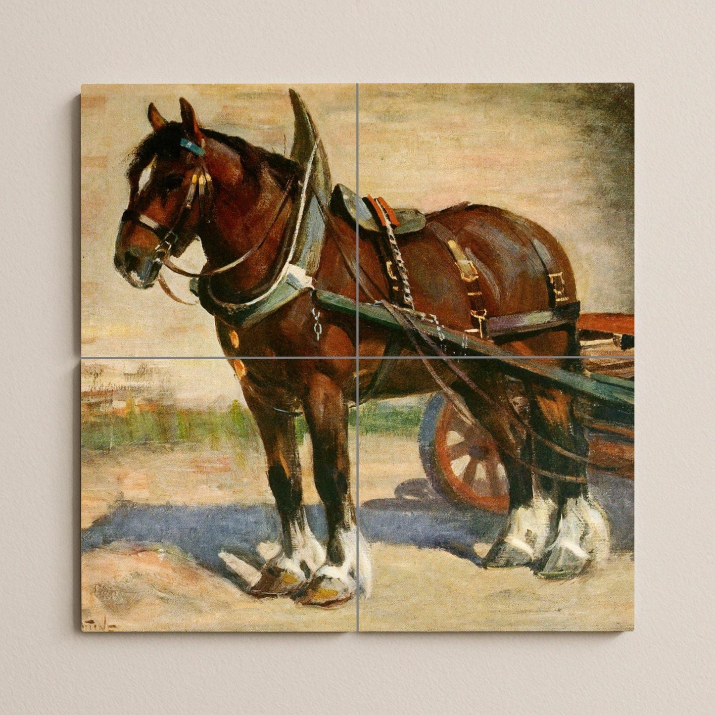 Draft Horse Tile Mural – Rustic Farm Animal Ceramic Panel – Vintage Equestrian Wall Art – Country Decor with Working Horse and Cart