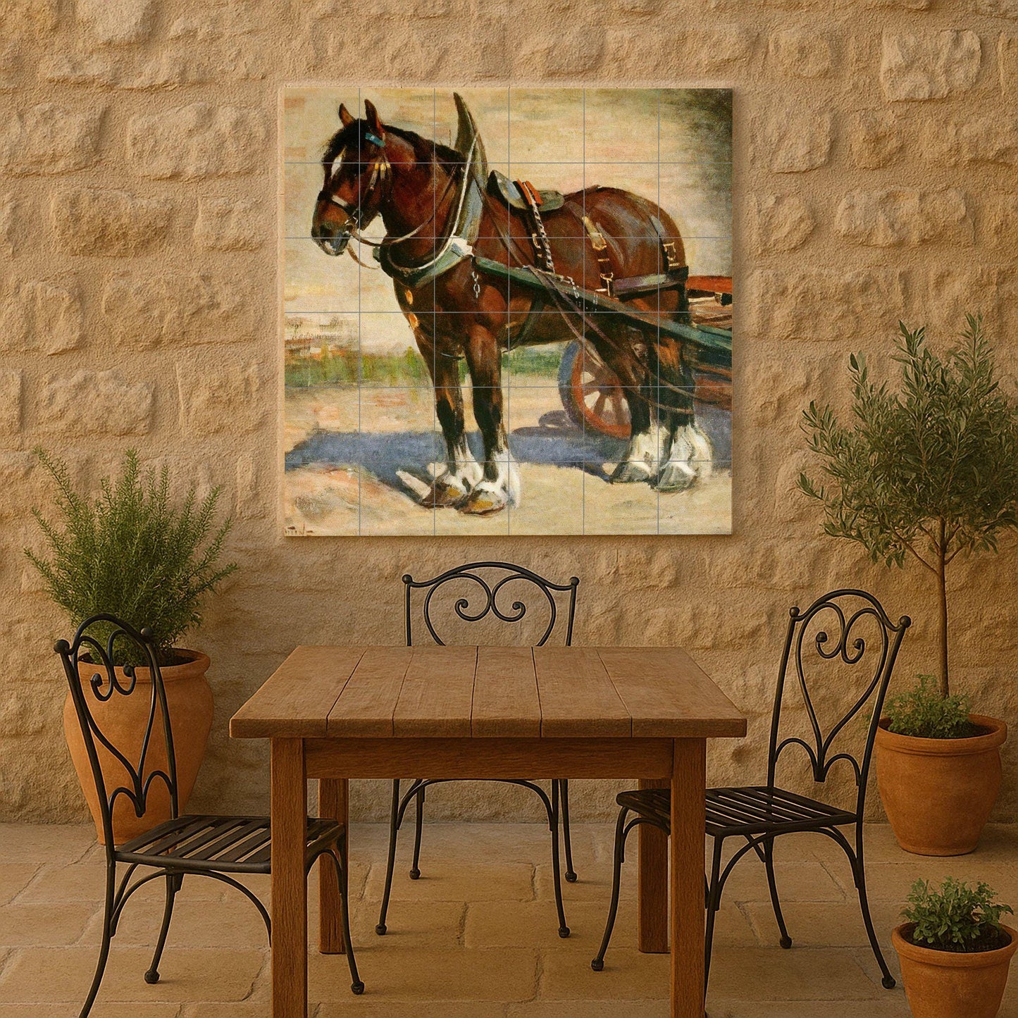 Draft Horse Tile Mural – Rustic Farm Animal Ceramic Panel – Vintage Equestrian Wall Art – Country Decor with Working Horse and Cart