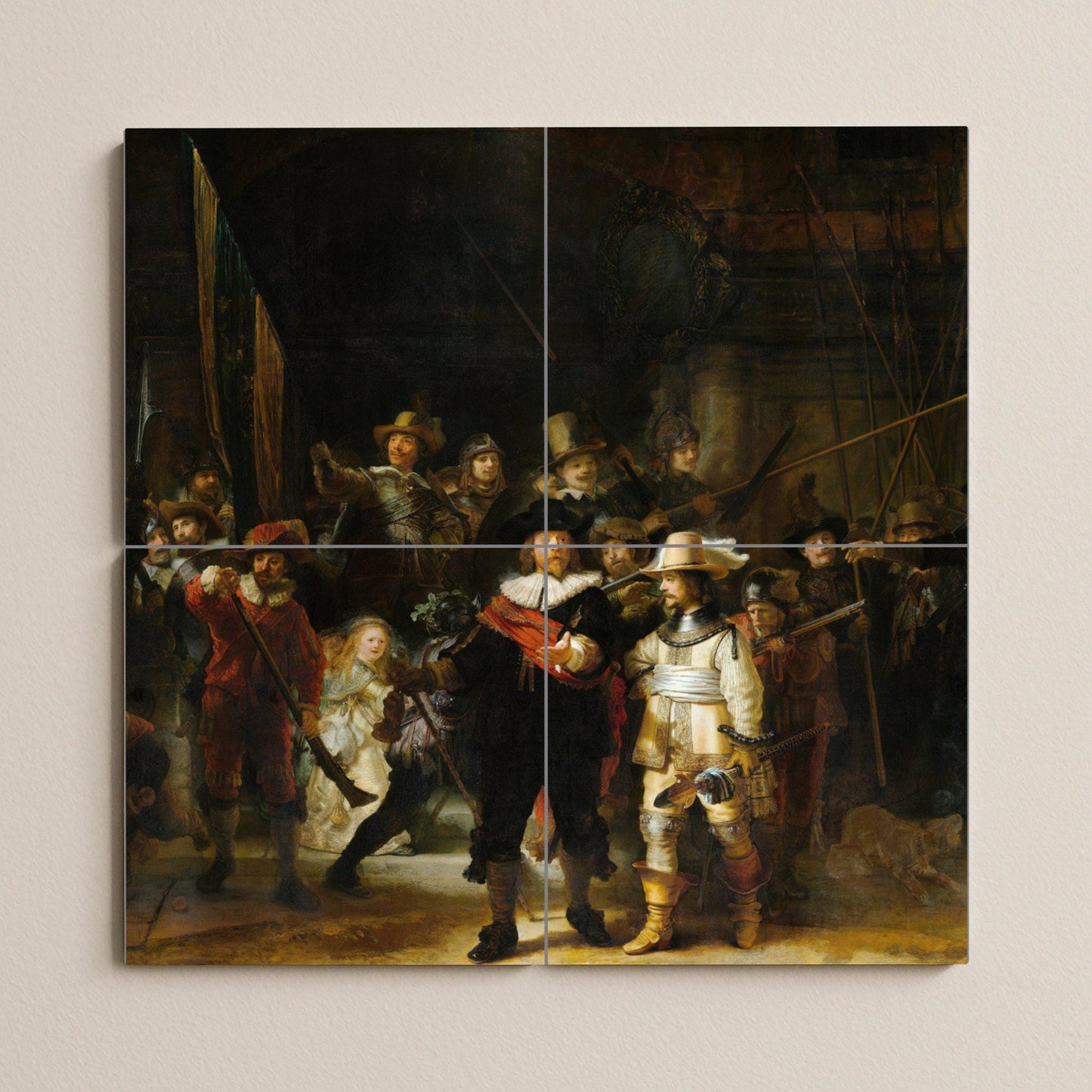 The Night Watch tile mural: ceramic panel, masterpiece by Rembrandt, Dutch Golden Age art, historic baroque decoration for elegant homes.