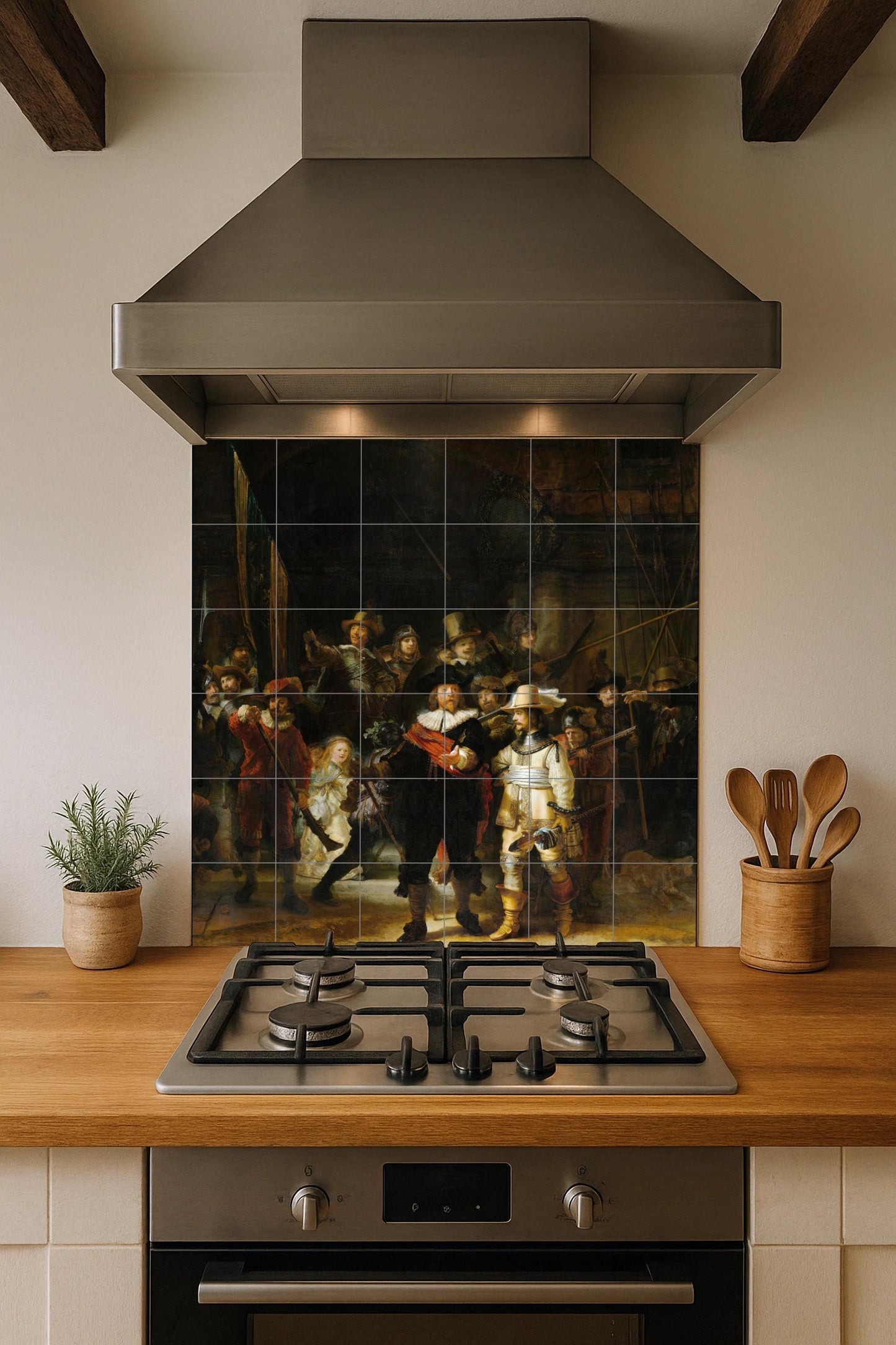 The Night Watch tile mural: ceramic panel, masterpiece by Rembrandt, Dutch Golden Age art, historic baroque decoration for elegant homes.