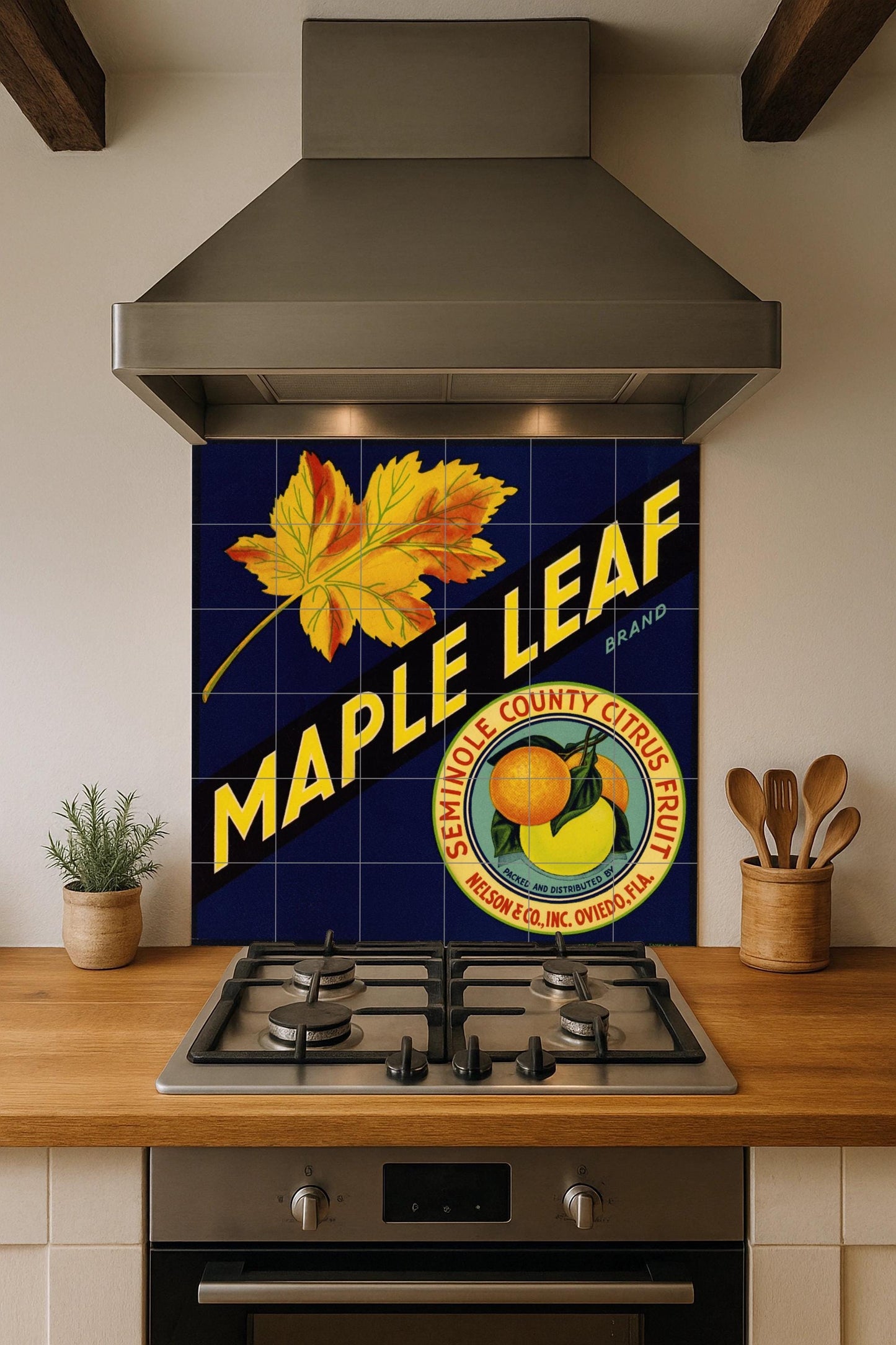 Tile mural with maple and citrus leaves – Vintage Florida fruit crate label – Retro American kitchen decor – Ceramic panel with bold typography