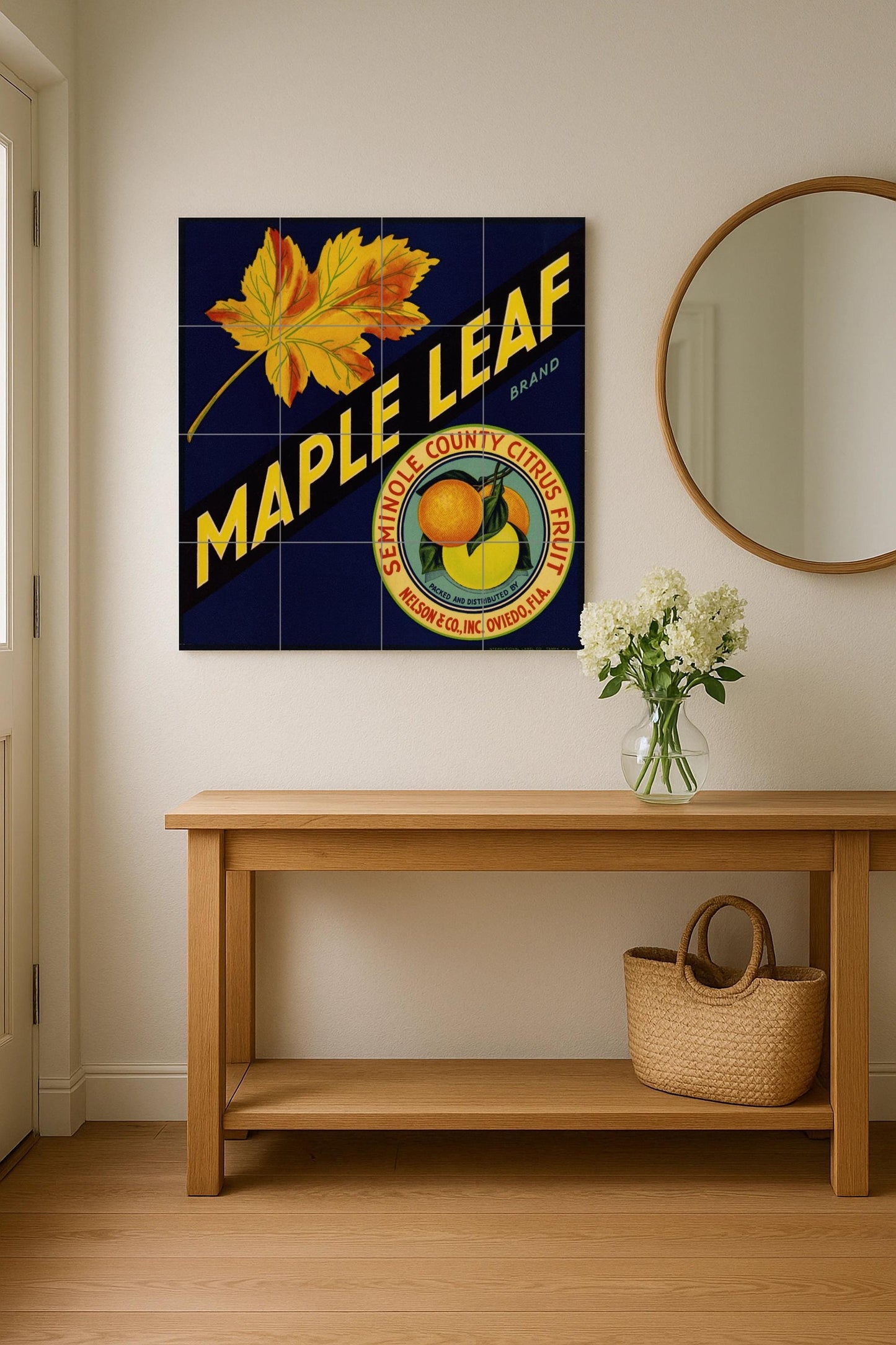 Tile mural with maple and citrus leaves – Vintage Florida fruit crate label – Retro American kitchen decor – Ceramic panel with bold typography