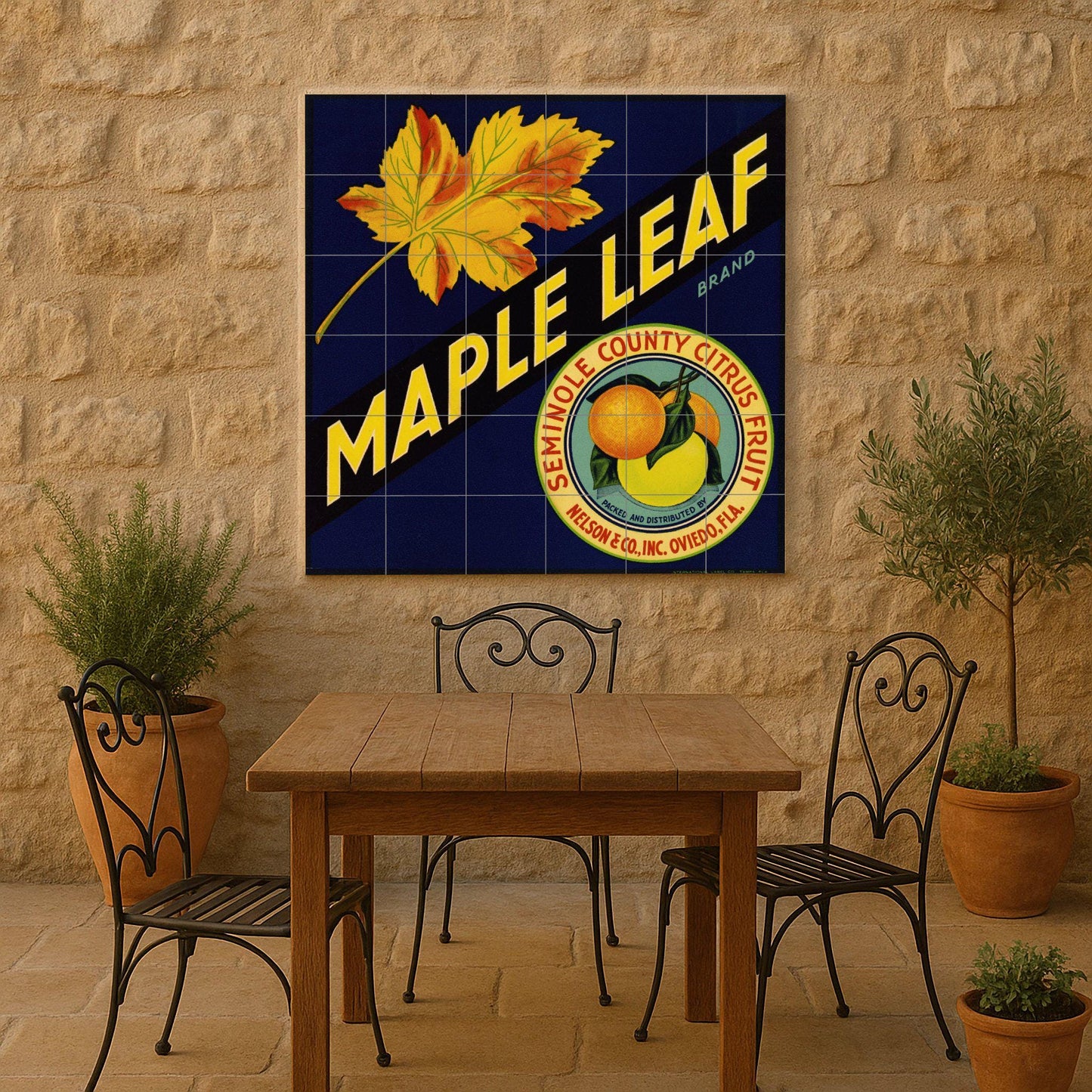 Tile mural with maple and citrus leaves – Vintage Florida fruit crate label – Retro American kitchen decor – Ceramic panel with bold typography