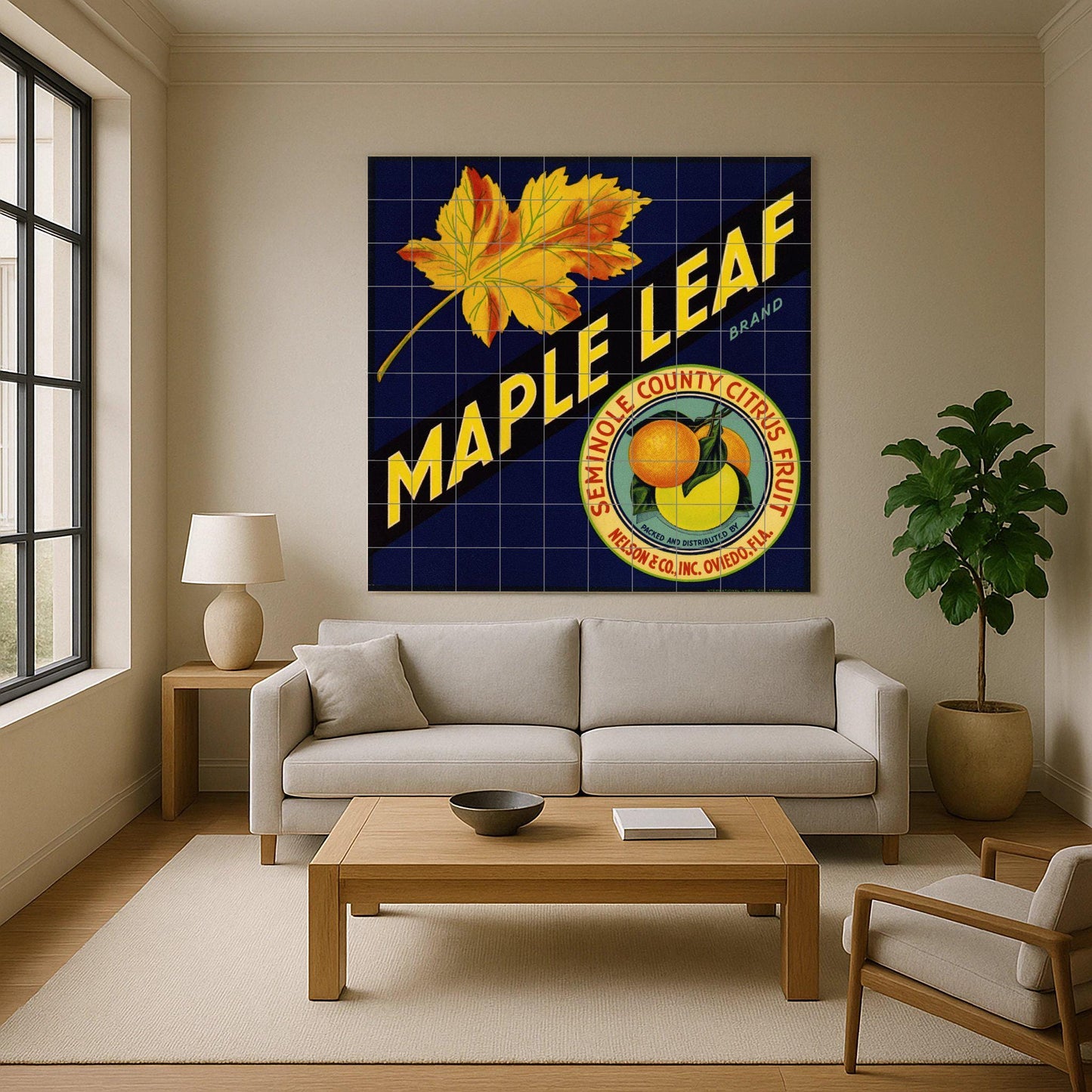 Tile mural with maple and citrus leaves – Vintage Florida fruit crate label – Retro American kitchen decor – Ceramic panel with bold typography