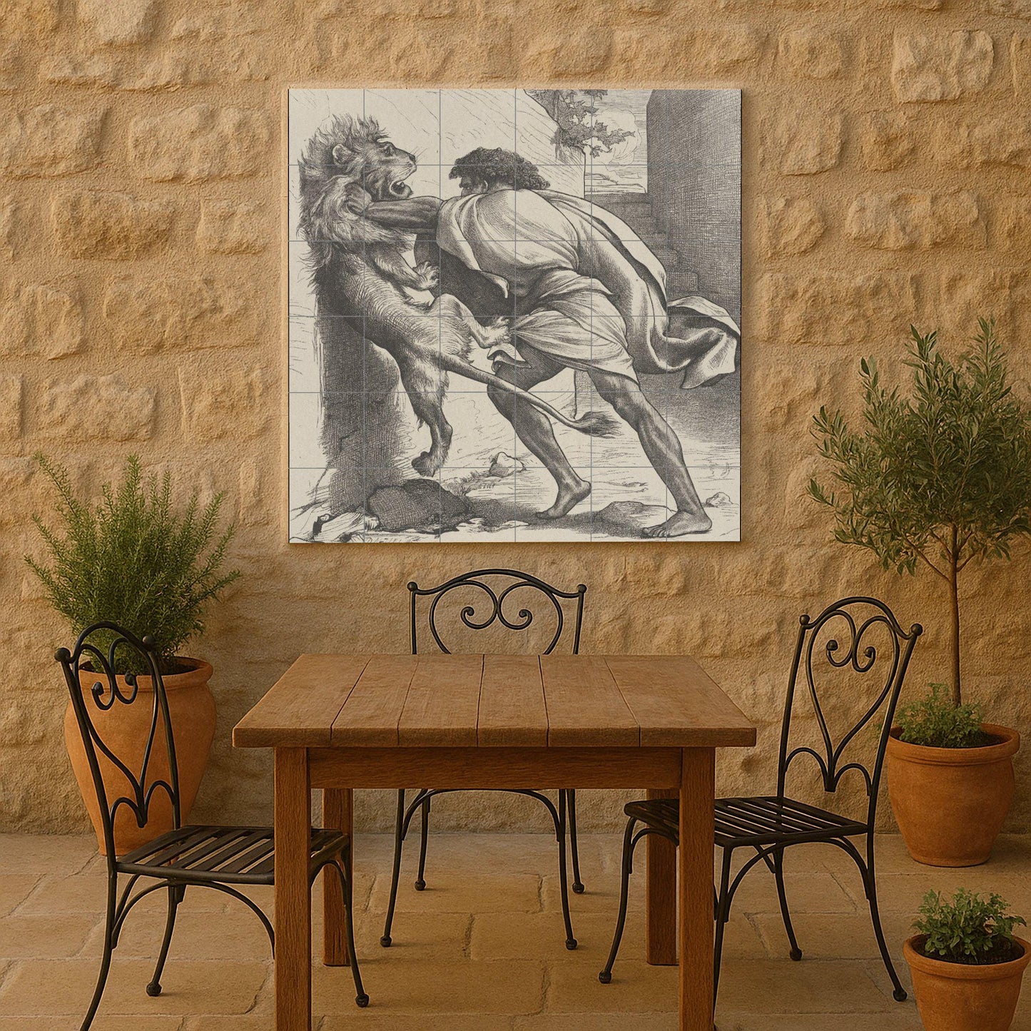 Samson and the Lion Tile Mural: Classic black and white ceramic panel, biblical scene of strength, antique graphic wall art for study.