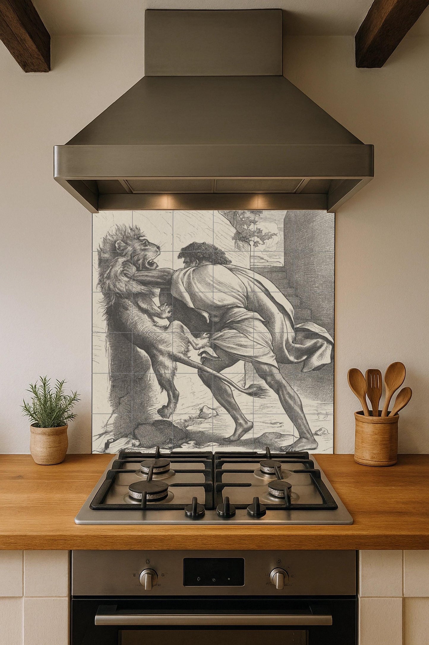 Samson and the Lion Tile Mural: Classic black and white ceramic panel, biblical scene of strength, antique graphic wall art for study.