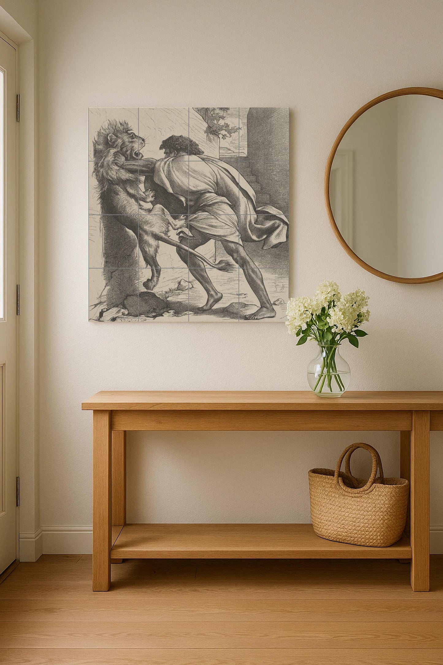 Samson and the Lion Tile Mural: Classic black and white ceramic panel, biblical scene of strength, antique graphic wall art for study.