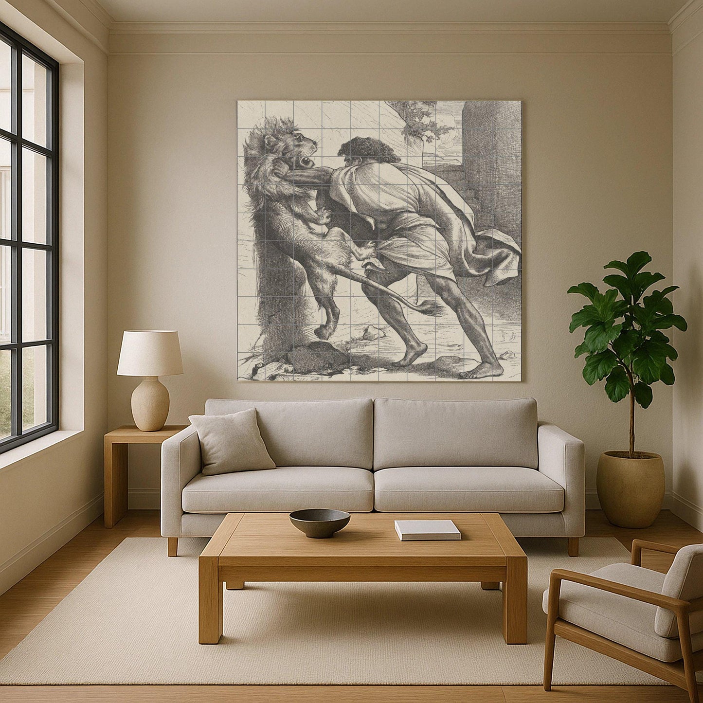 Samson and the Lion Tile Mural: Classic black and white ceramic panel, biblical scene of strength, antique graphic wall art for study.