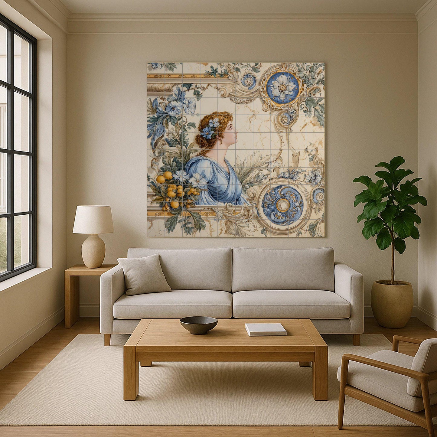 Neoclassical tile mural with ladies – Blue floral ceramic panel – Wall art inspired by Roman goddesses – Elegant vintage decor with ornate frame