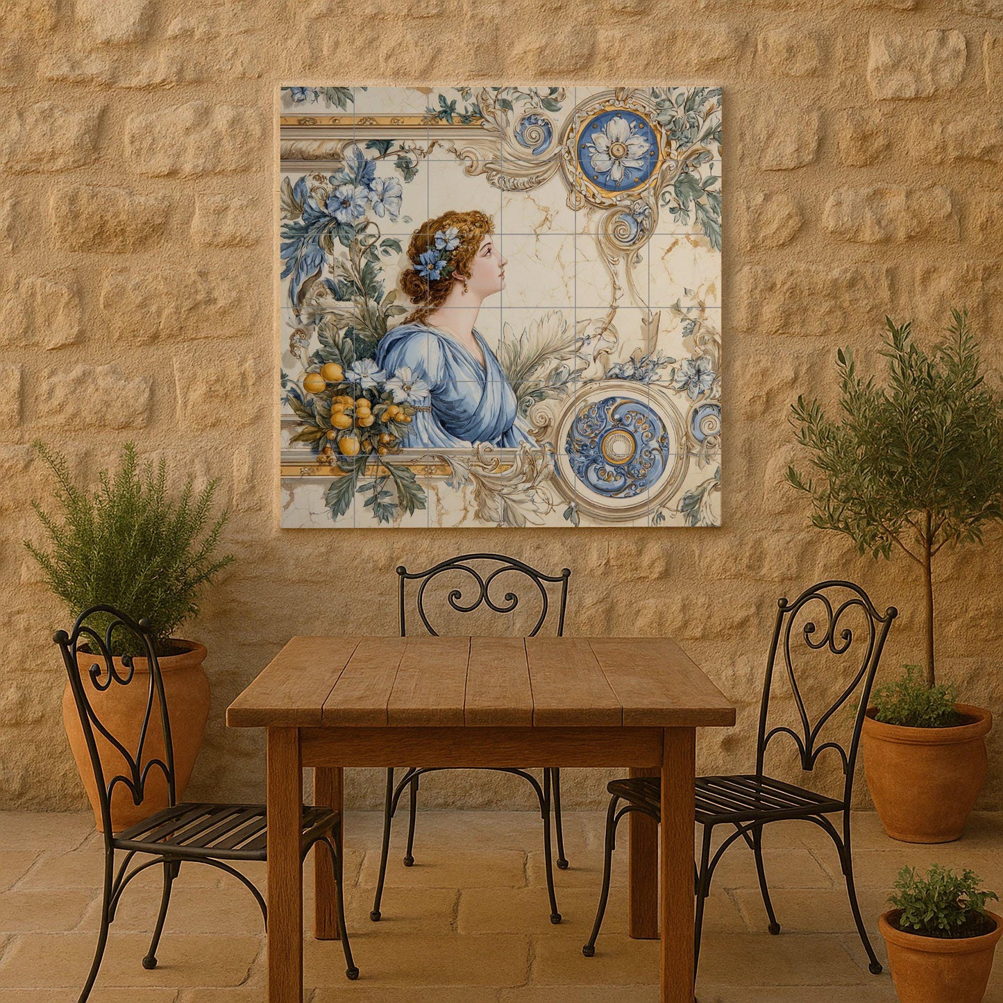 Neoclassical tile mural with ladies – Blue floral ceramic panel – Wall art inspired by Roman goddesses – Elegant vintage decor with ornate frame