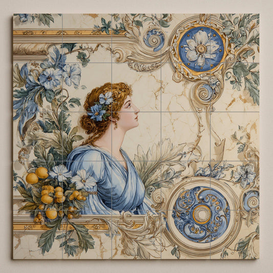 Neoclassical tile mural with ladies – Blue floral ceramic panel – Wall art inspired by Roman goddesses – Elegant vintage decor with ornate frame