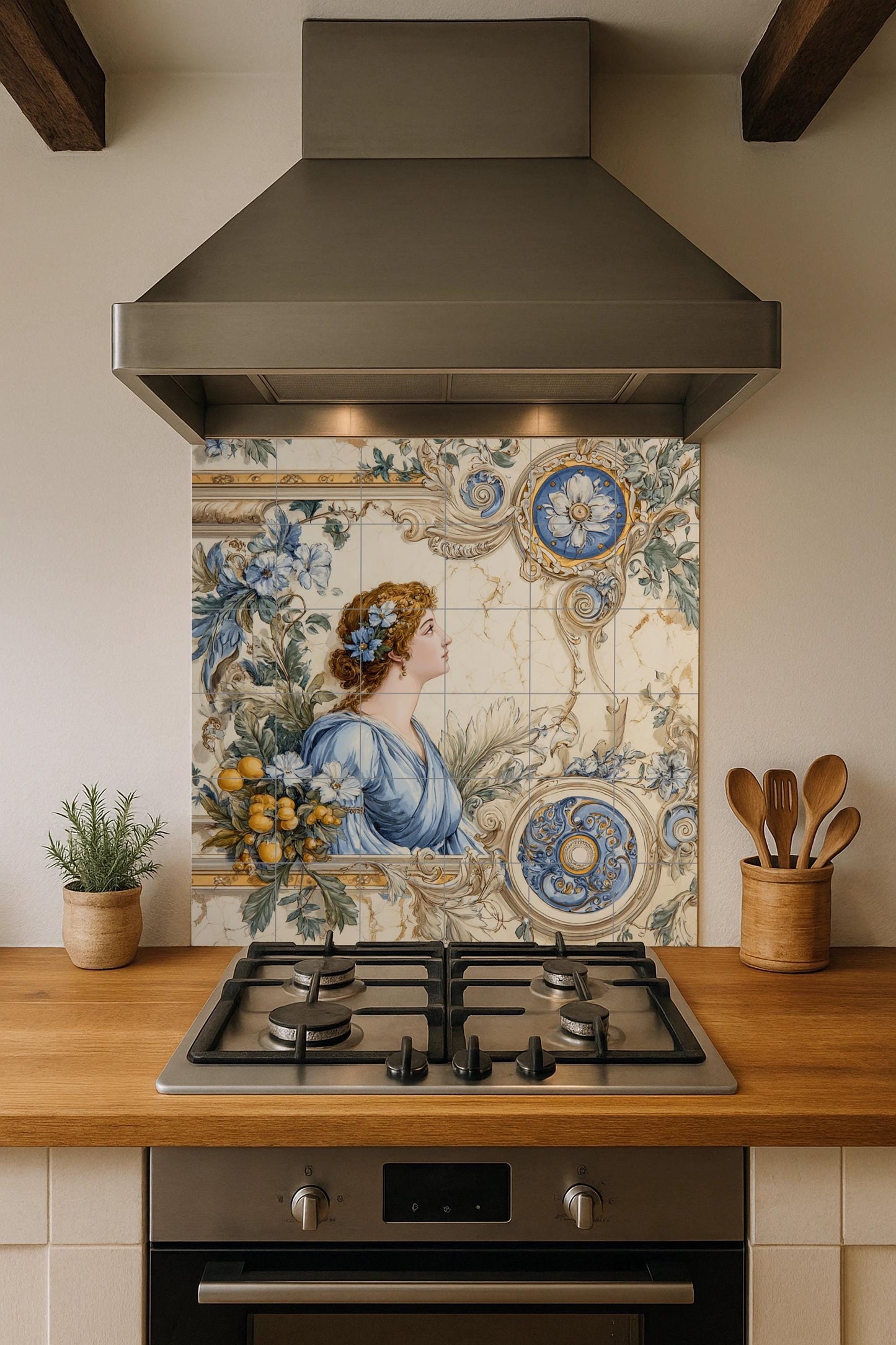 Neoclassical tile mural with ladies – Blue floral ceramic panel – Wall art inspired by Roman goddesses – Elegant vintage decor with ornate frame