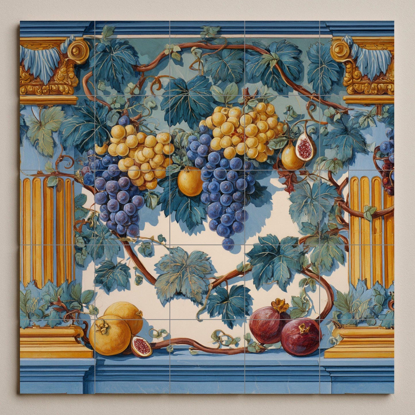 Tile mural with fruit garland: Classic blue and gold ceramic panel featuring grapes, figs, and pomegranates. Roman-inspired wall art for elegant spaces.
