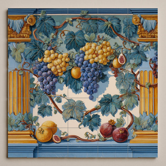 Tile mural with fruit garland: Classic blue and gold ceramic panel featuring grapes, figs, and pomegranates. Roman-inspired wall art for elegant spaces.