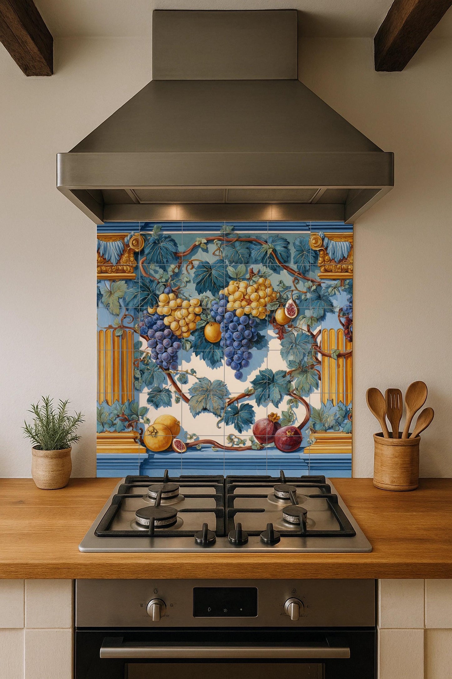 Tile mural with fruit garland: Classic blue and gold ceramic panel featuring grapes, figs, and pomegranates. Roman-inspired wall art for elegant spaces.