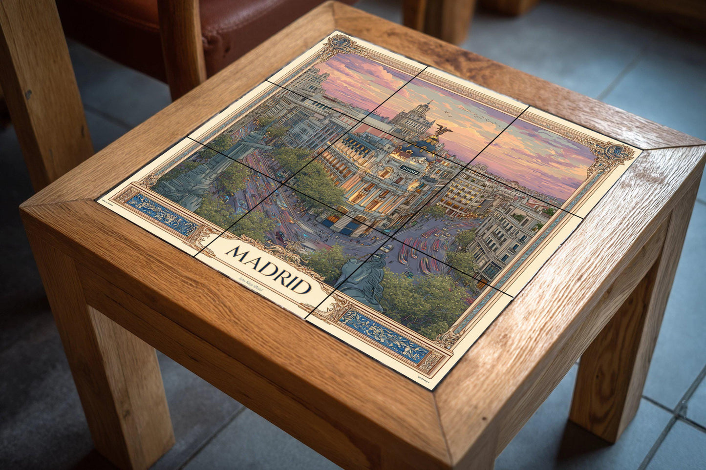 Madrid tile mural – Ceramic panel of Gran Vía at sunset – Spanish cityscape mural art – Elegant urban travel decor with classic frame