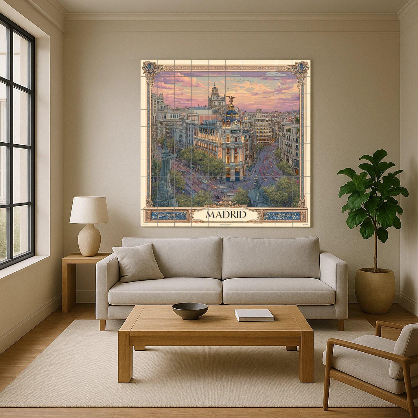 Madrid tile mural – Ceramic panel of Gran Vía at sunset – Spanish cityscape mural art – Elegant urban travel decor with classic frame