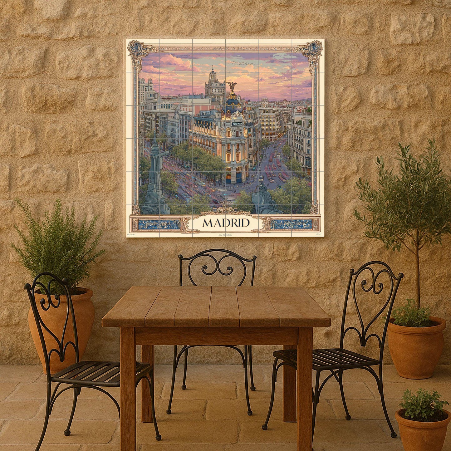 Madrid tile mural – Ceramic panel of Gran Vía at sunset – Spanish cityscape mural art – Elegant urban travel decor with classic frame