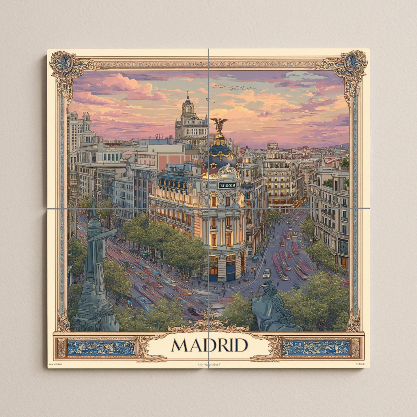 Madrid tile mural – Ceramic panel of Gran Vía at sunset – Spanish cityscape mural art – Elegant urban travel decor with classic frame