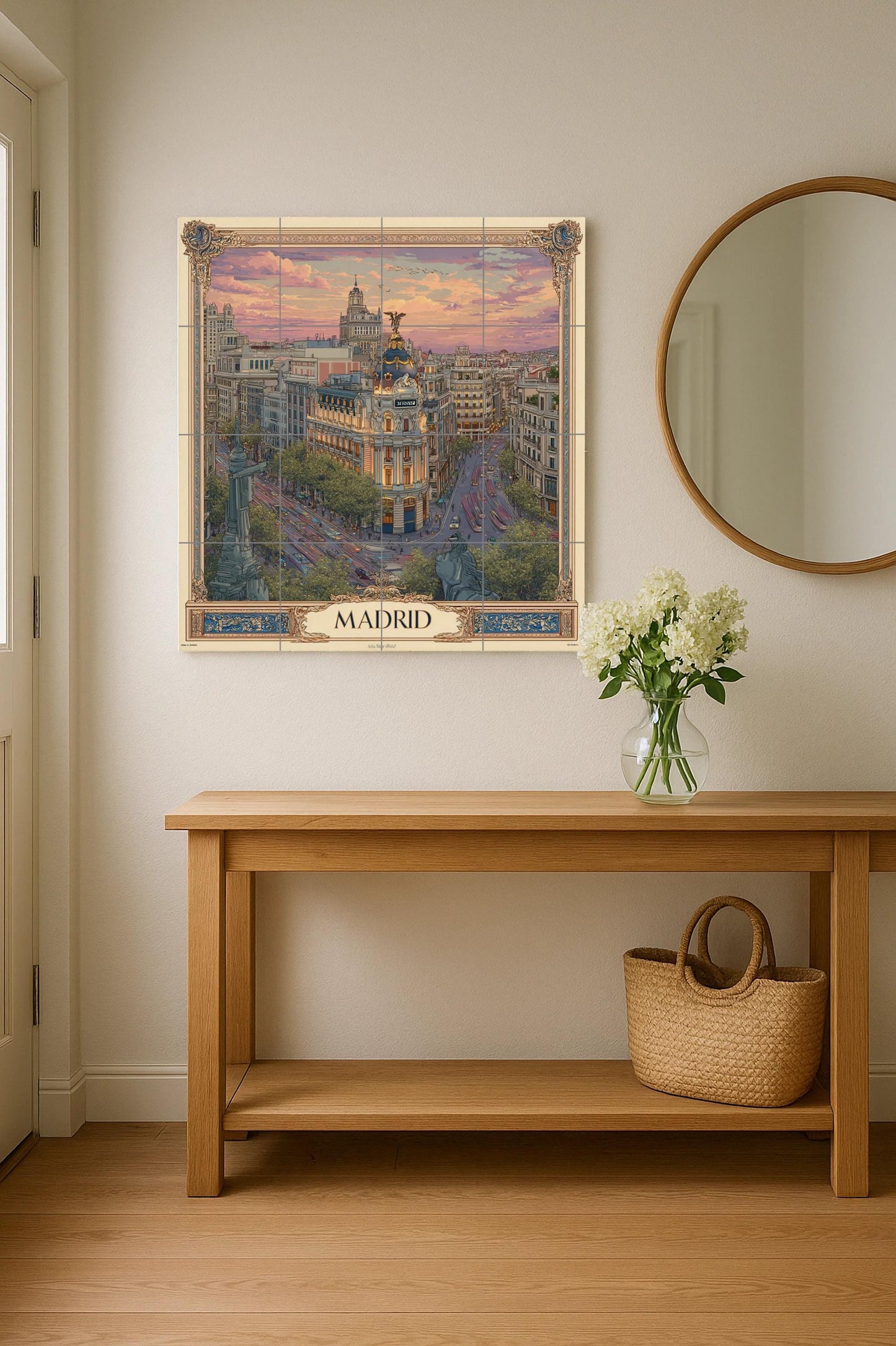Madrid tile mural – Ceramic panel of Gran Vía at sunset – Spanish cityscape mural art – Elegant urban travel decor with classic frame