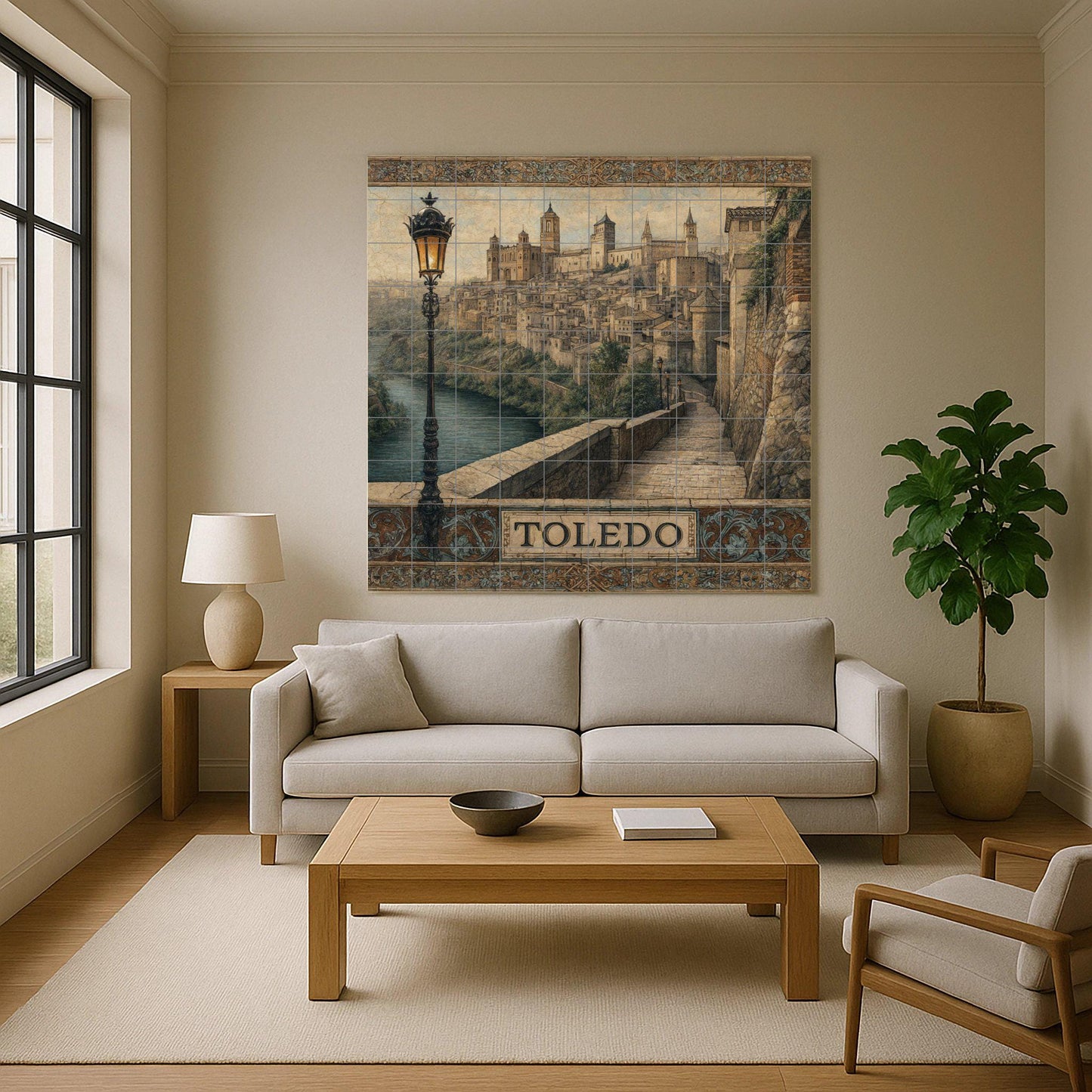 Toledo tile mural – Ceramic panel with Spanish historical cityscape – Medieval mural art overlooking the river – Castilian heritage decoration for rustic homes