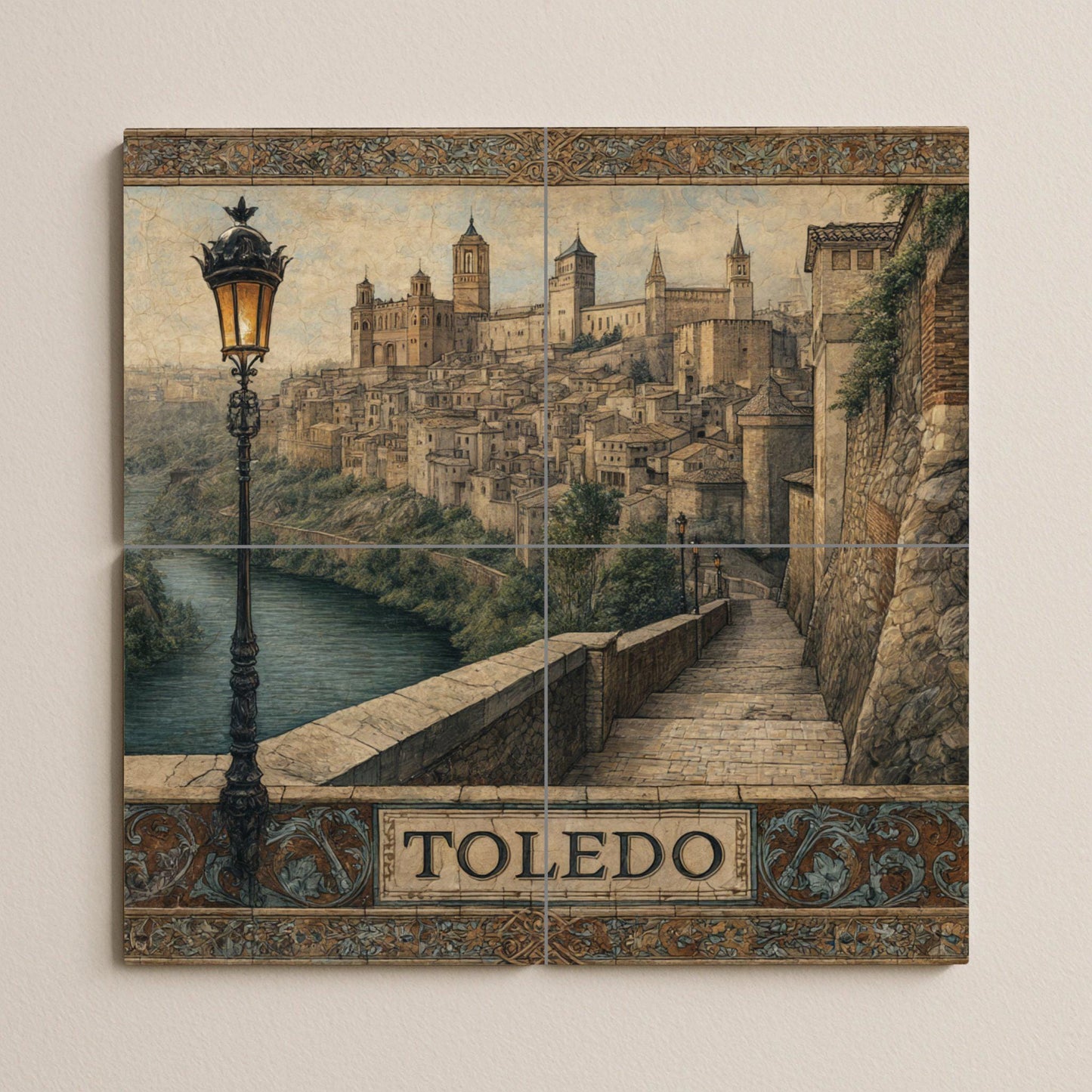 Toledo tile mural – Ceramic panel with Spanish historical cityscape – Medieval mural art overlooking the river – Castilian heritage decoration for rustic homes