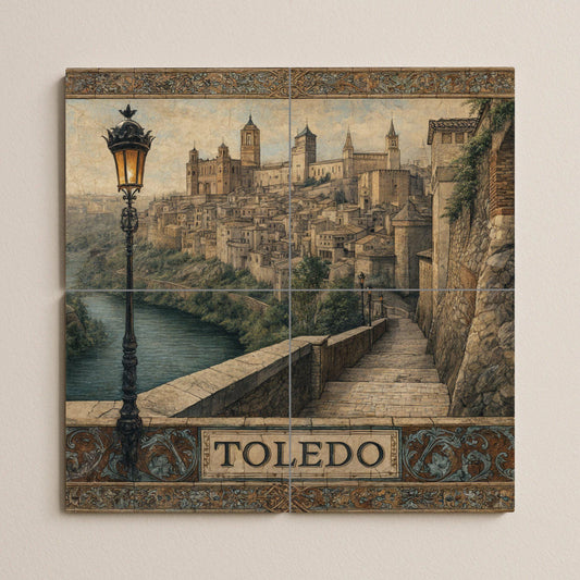 Toledo tile mural – Ceramic panel with Spanish historical cityscape – Medieval mural art overlooking the river – Castilian heritage decoration for rustic homes
