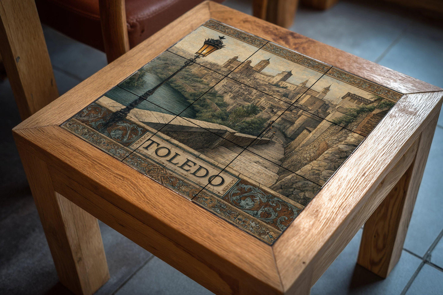 Toledo tile mural – Ceramic panel with Spanish historical cityscape – Medieval mural art overlooking the river – Castilian heritage decoration for rustic homes